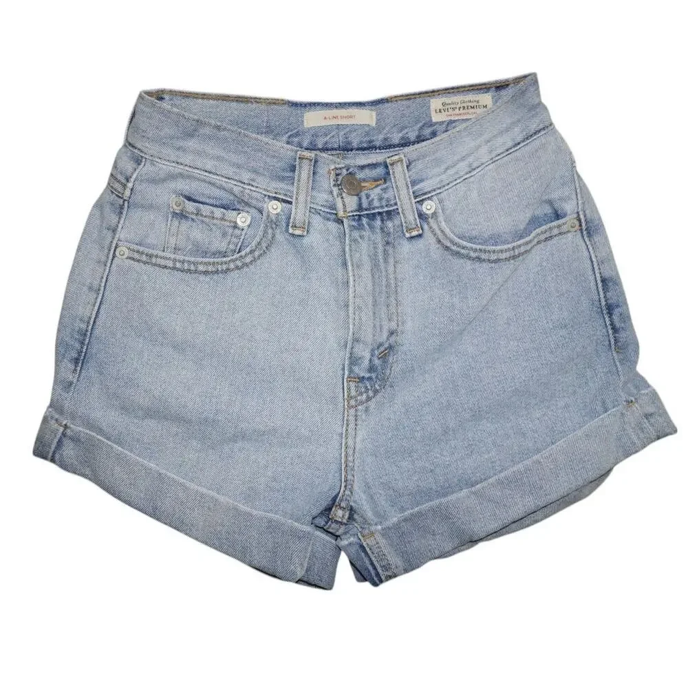 Levi's Premium A-Line Denim Shorts Light Wash Cuffed High Rise Women's W24